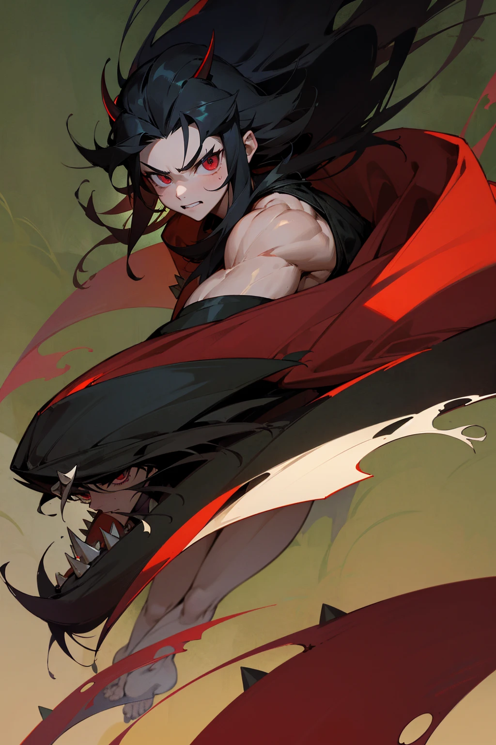 Masterpiece Quality, Perfect Generation, Sclera, Detailed Eyes, , Red And Black Long Spiky Hair, Muscular, Black Haori, Bored Expression, , Forest Background, Full Body, Demon Slayer, Temple Background