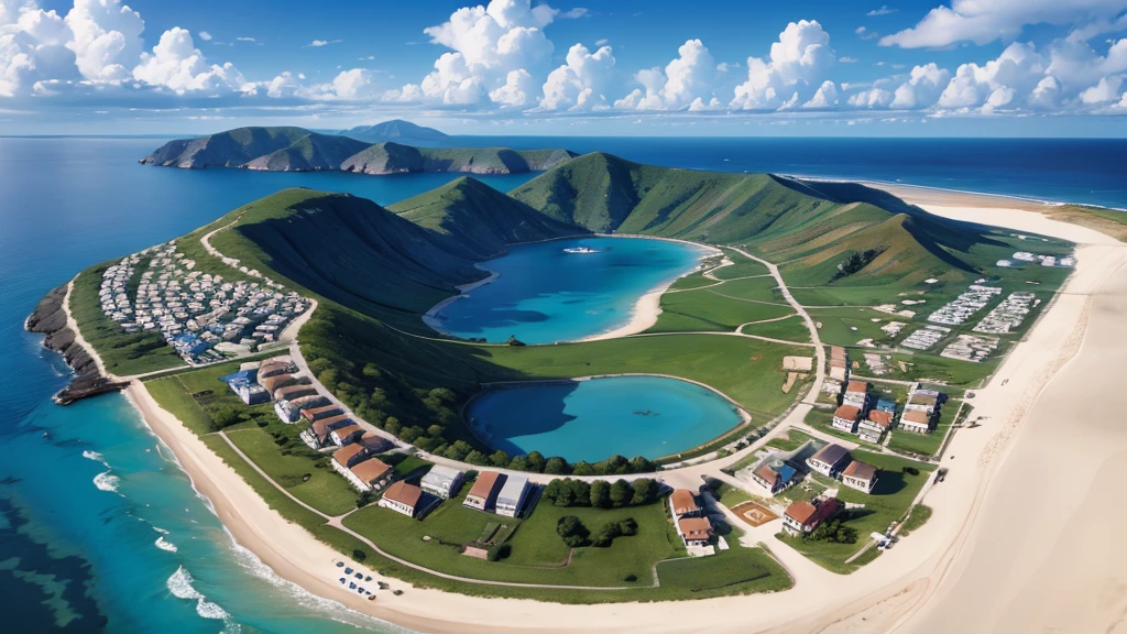 create a scenario and beach from an RPG seen from above, futuristic