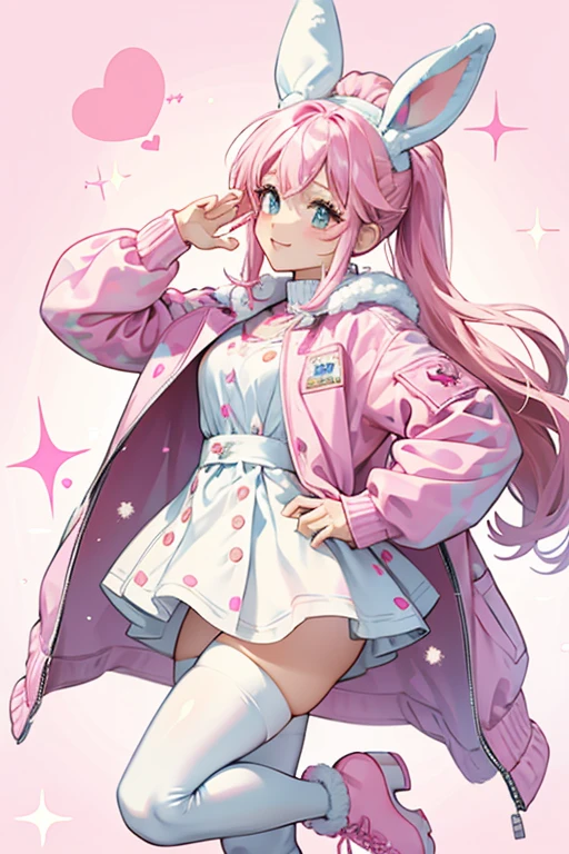 Snow Bunny has pink hair in a pony tail, she is wearing bunny ears, she is also wearing a comfy pink puffy coat and white tights with polka dots on them along with comfy pink boots. SPARKLE; GLITTER