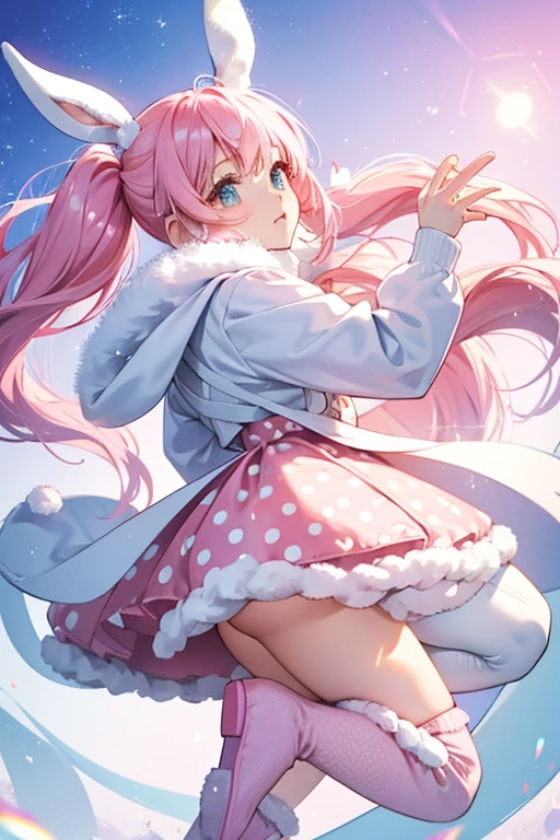 Snow Bunny has pink hair in a pony tail, she is wearing bunny ears, she is also wearing a comfy pink puffy coat and white tights with polka dots on them along with comfy pink boots.  SPARKLE; GLITTER