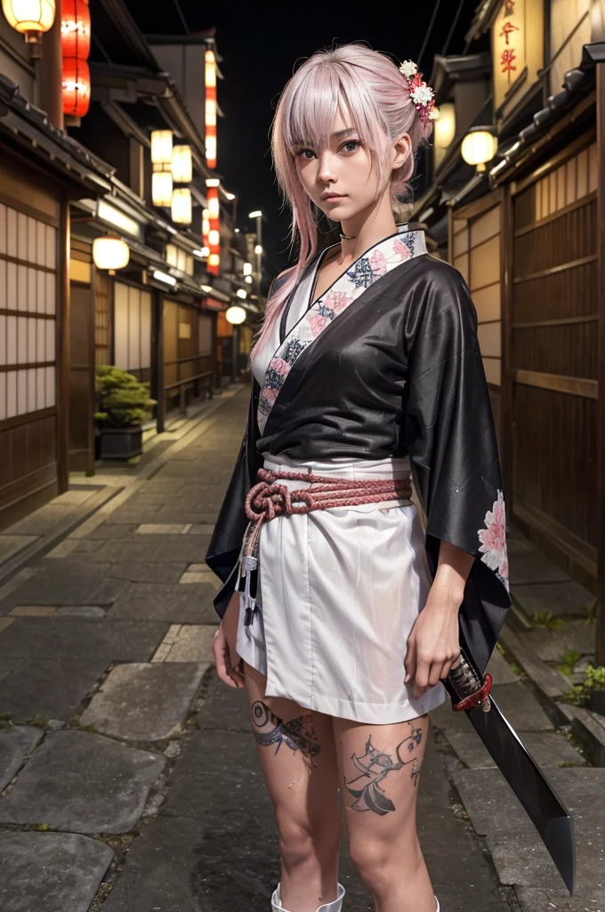 (Highest quality:1.2),32k HDR,High resolution,Perfect Anatomy,Wet and shiny white skin,Sweat dripping down my body,Slender model figure,Ahegao,Silver and pink hair,soaked through,Super small face,Collar and leash,Alley,Edo Town,photo shoot,Maid,((Japanese sword)),tattoo,((whole bodyにタトゥー)),(Arms covered in tattoos),(whole bodyをA body covered in tattoos), (A body covered in tattoos),((Collar with leash)),(Lockに繋がれた少女),Women in ecstasy,climax,Acme,Detailed skin texture, Detailed face, Fine grain,((whole body)),((艶やかなkimono)),(((City of night))),((darkness)),((頭からfootまで)),((Lock帷子)),(((Lock))),(foot),(((Wrapped in a cloth))),((Thick-soled boots)),((大きなJapanese swordを構える)),(((Japanese swordを構える)),((kimono)),((Are standing)),((Wrap a cloth around your chest)),(((巨大なJapanese sword))),((Wear a black belt around your waist)),((花柄のkimono)),((Thin fabric)),