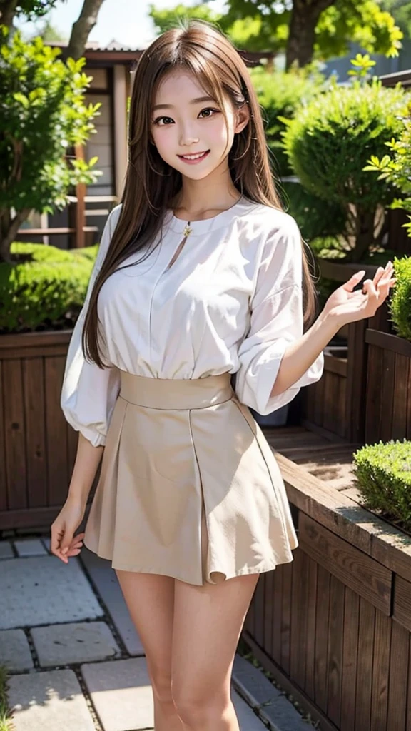 Highest quality、Highest quality、High resolution、、Young Japanese woman、One woman、one piece、Tight mini skirt、Beautiful legs、smile、Brown Hair、long hair、Slightly larger breasts、Date、Blurred Background、garden