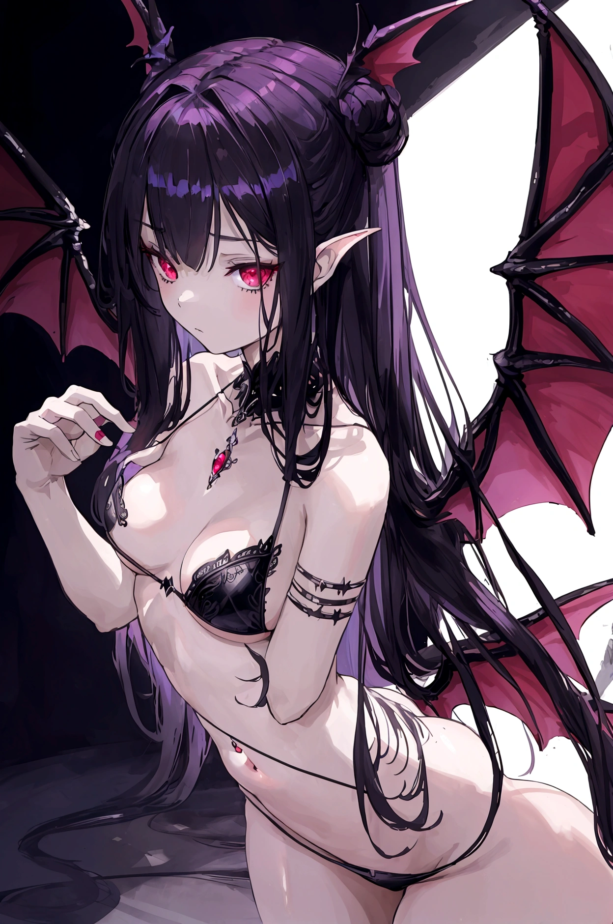 ((Best masterpiece, Perfect quality, Ultra detailed)), A succubus female with small bust, With demon-tail, With tiny wings, Wearing black bikinis, From above angle