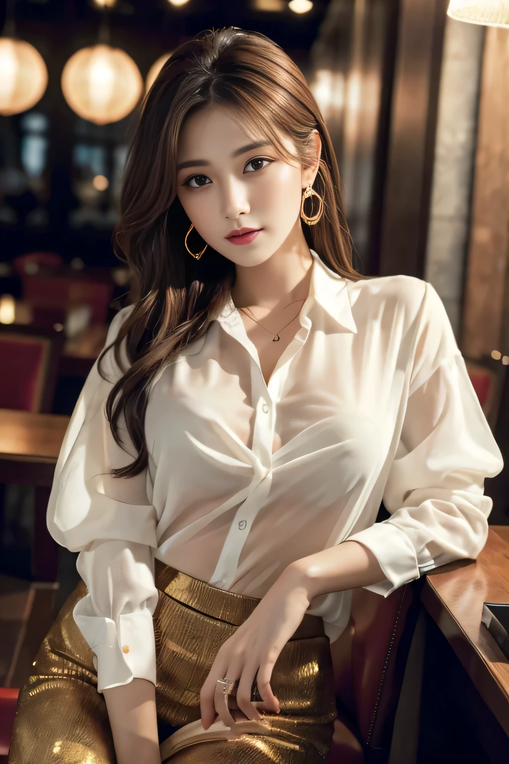 masterpiece, Highest quality, Realistic, Very detailed, Finer details, High resolution, 8k wallpaper, One beautiful woman, Wear an elegant see-through shirt, In a great restaurant, At night, Light brown messy hair, Perfect dynamic composition, Beautiful and beautiful eyes、Big earrings、Sit on a chair、