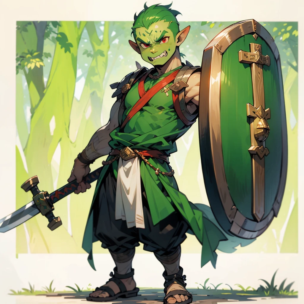 1little boys orc, orc version, Full body version, red eyes, green colour skins, angry eyes, bald hairstyle, angry expression, ancient Greek clothing, ancient Greek sandals, wood sword in hand, small shield wood, wood armor vest, Grassroots background in forest 