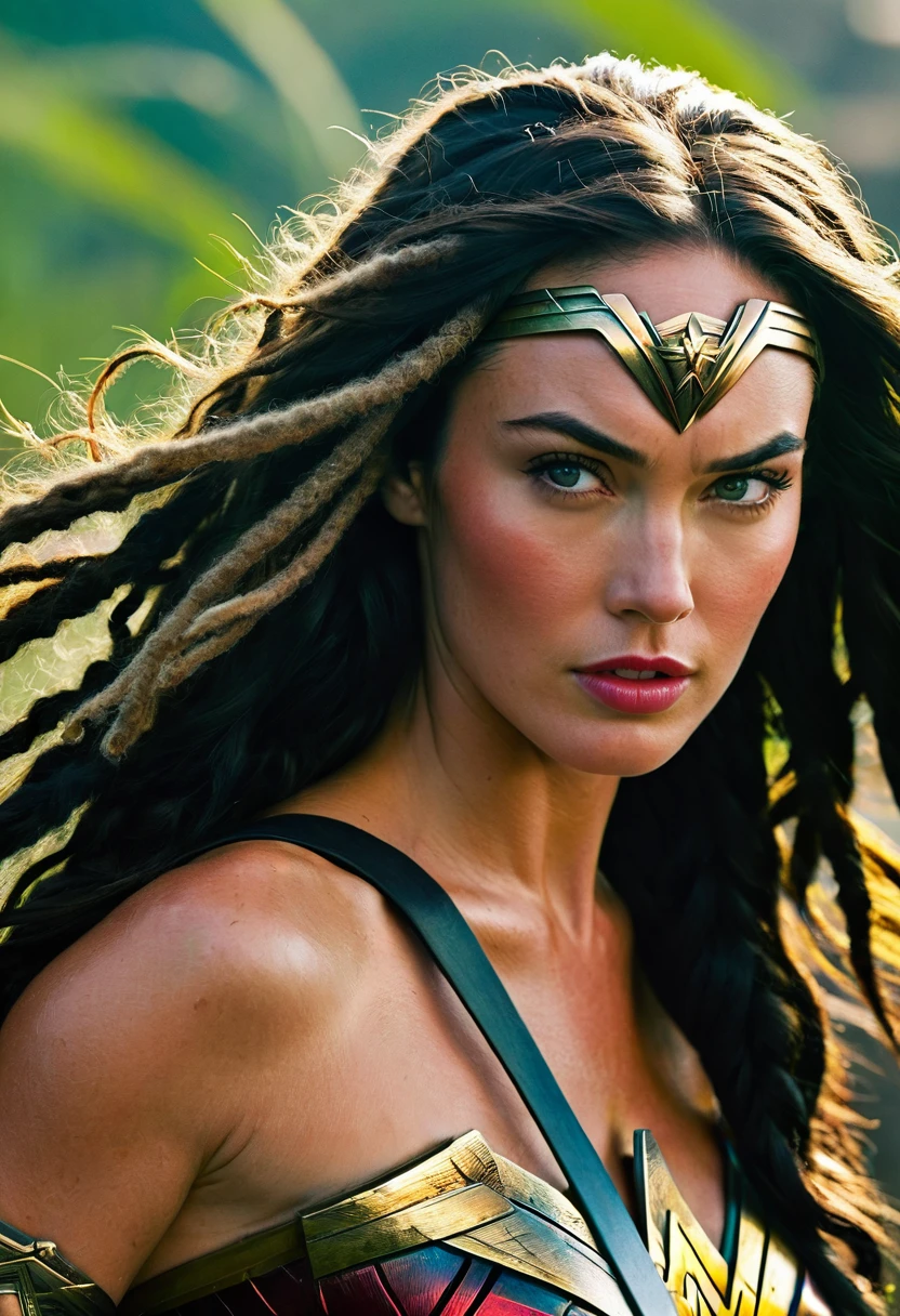 Extreme close-up Megan Fox under the mantle of the Amazon warrior Wonder Woman images Surreal cinematic HD images Color Splash (((dreadlocks))),(((Diaema Wonder Woman))