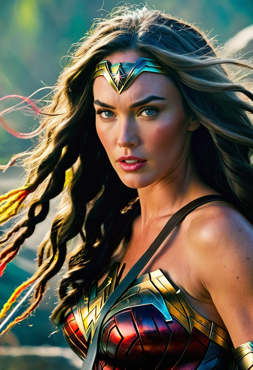 Extreme close-up Megan Fox under the mantle of the Amazon warrior Wonder Woman images Surreal cinematic HD images Color Splash (((dreadlocks))),(((Diaema Wonder Woman))