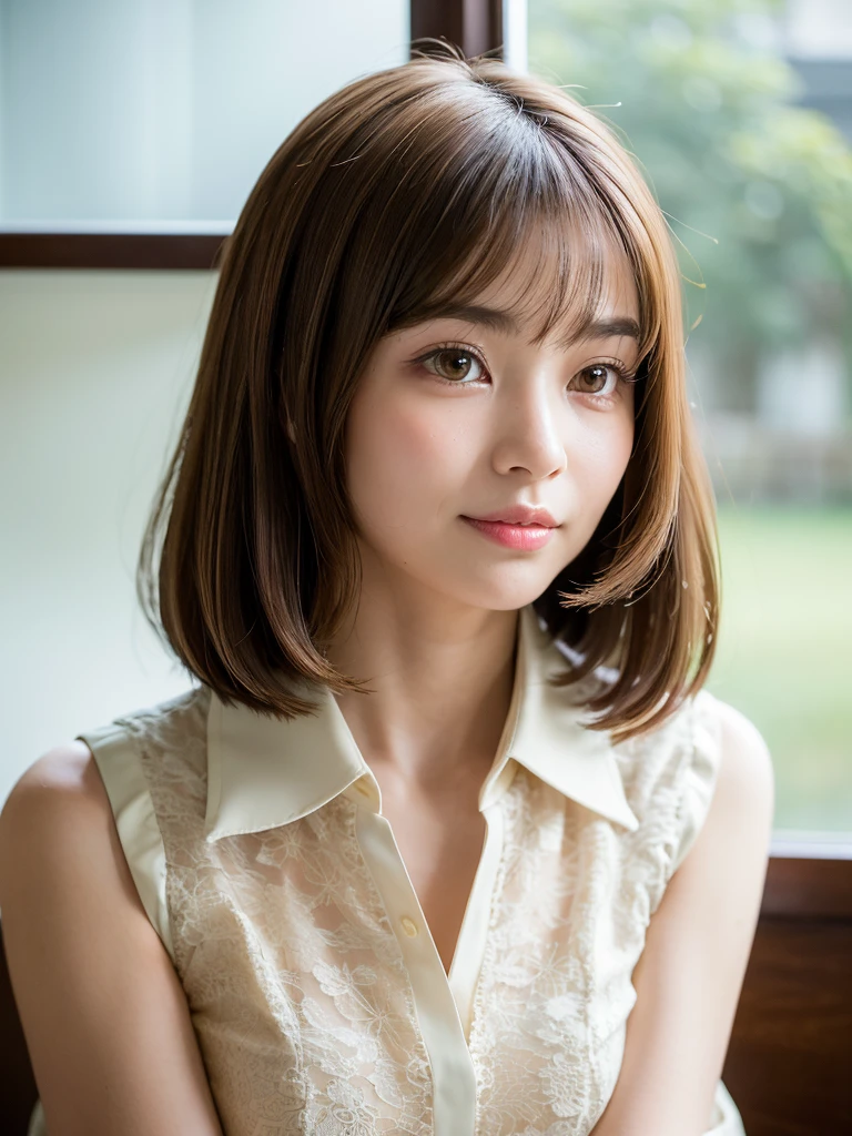 super highest quality, face focus, soft light, ultra high resolution, (realistic:1.4), RAW photo,
1 Japanese girl, alone, cute, (pupil, There'There's a light in my eyes), (detailed beautiful face:1.3) ((High resolution details of human skin texture:1.3)
(long hair),
indoor,
Damask Shirt Dress, (Beautiful straight bob hair styled down to the tips:1.3) elegant and neat intelligent and stylish
(portrait) High definition focus on pupil diffused light from window beautiful gradation gentle smile Beautiful gradation