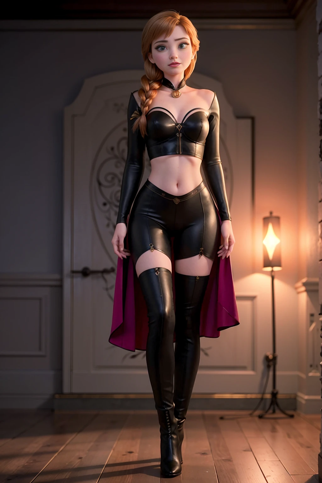 (((full body photo)))Photo of Anna of Arendelle wearing dominatrix suit, tight bdsm suit, standing seductively, dark room,, looking at camera, long ankle boots, belly button showing

