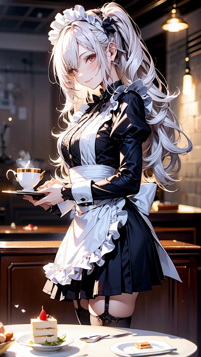(masterpiece, Highest quality), (Ultra-high resolution, 8k RAW photos, Photorealistic:1.5, Fabric Shading, Thin contours), Beautiful mature woman preparing a tea party in the garden, (Tea set, you can, Tea cup, Some cakes on a plate), Gothic Table, (伝統的なダークブラウンのMaid clothesを着用, Maid clothes:1.2, Long Flared Skirt, apron), tall and leggy, Long white hair, Wearing borderless grass, (Mature Woman:1.5, 28 years old, alone), ( Tight waist), (Long white hair, Hair on one eye, Updo, Side Lock, Asymmetrical Hair, Wavy Hair), (Bright Eyes, Fine grain, A face with attention to detail, perfect face shape, Bloodshot eyes), (A seductive smile, Half-close your eyes), (Looking at the audience:1.3), (Dynamic Angle, Thigh focus, From side to bottom:1.2), ((Correct Anatomy:1.5, The right move)), (Ideal body proportions), Outdoor, Glass Garden, ((Garter Stockings))((black thong))