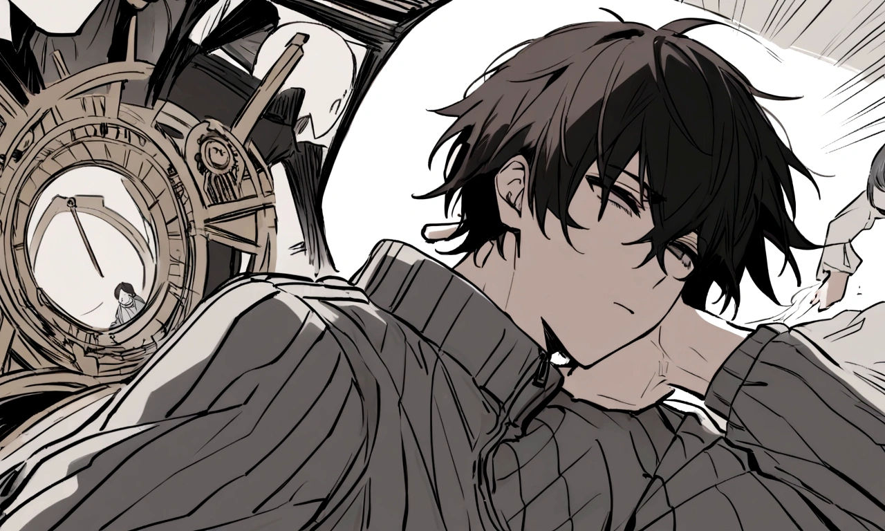 black and white drawing, The background of a clockwork device that looks like a giant woman collapsing., collapsing giant clockwork background, The clockwork shatters and falls apart., 26 year old male 1, black neat hair, wearing gray tracksuit, Slump