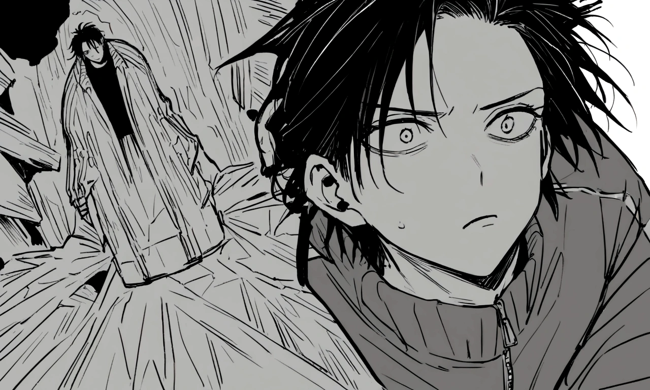 black and white drawing, The background of a clockwork device that looks like a giant woman collapsing., collapsing giant clockwork background, The clockwork shatters and falls apart., 26 year old male 1, black neat hair, wearing gray tracksuit, Slump