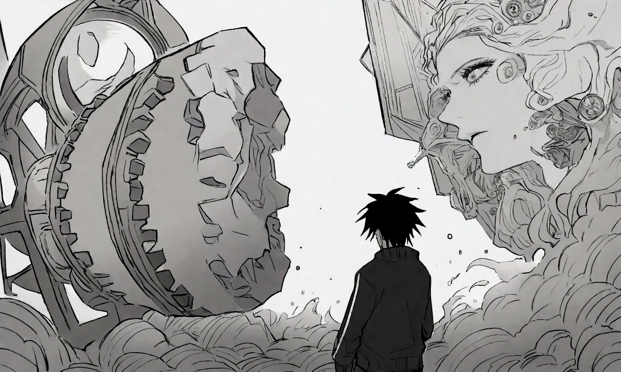 black and white drawing, The background of a clockwork device that looks like a giant woman collapsing., collapsing giant clockwork background, The clockwork shatters and falls apart., 26 year old male 1, black neat hair, wearing gray tracksuit, Slump
