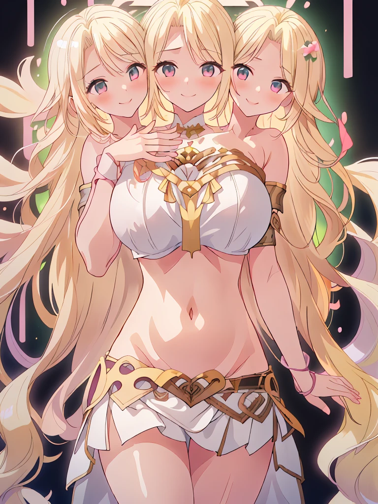 (masterpiece, best quality), best resolution, (3heads:1.5), 1girl, blonde hair, long flowing hair, smiling, seductive smile, open belly, white-pink crop top, white miniskirt, open breasts, big tits, very huge tits, black headband, beautiful eyes, alluring presence,
