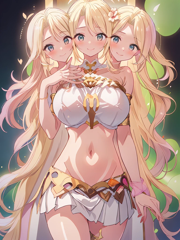 (masterpiece, best quality), best resolution, (3heads:1.5), 1girl, blonde hair, long flowing hair, smiling, seductive smile, open belly, white-pink crop top, white miniskirt, open breasts, big tits, very huge tits, black headband, beautiful eyes, alluring presence,