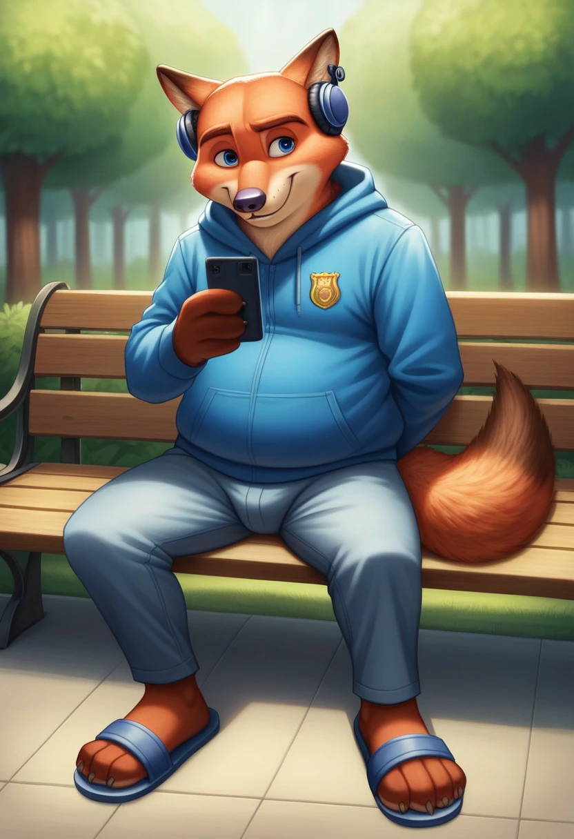 Hyperrealist art, furry portrait, vivid colours, full body picture, full figure image, masterpiece, best quality, high resolution, brawny barefoot Gideon Grey blue eyes  Zootopia, cute, beefy, chubby, male fox, redish fur, longer fur on cheeks, side part hair style, shorter snout) in casual teens clothes hoodie, long pants,shoes,sandals heels, sitting on park bench, detailed nice feet with short claws, watching video on smartphone, red glow in his eyes, smiling, Earplug Headphones. detailed background, anatomically correct, 8k, (wide dynamic range, dynamic angles and pose:1.2), sharp, focused, (DOA):1.23, (Particle),（author：by Jackaloo）