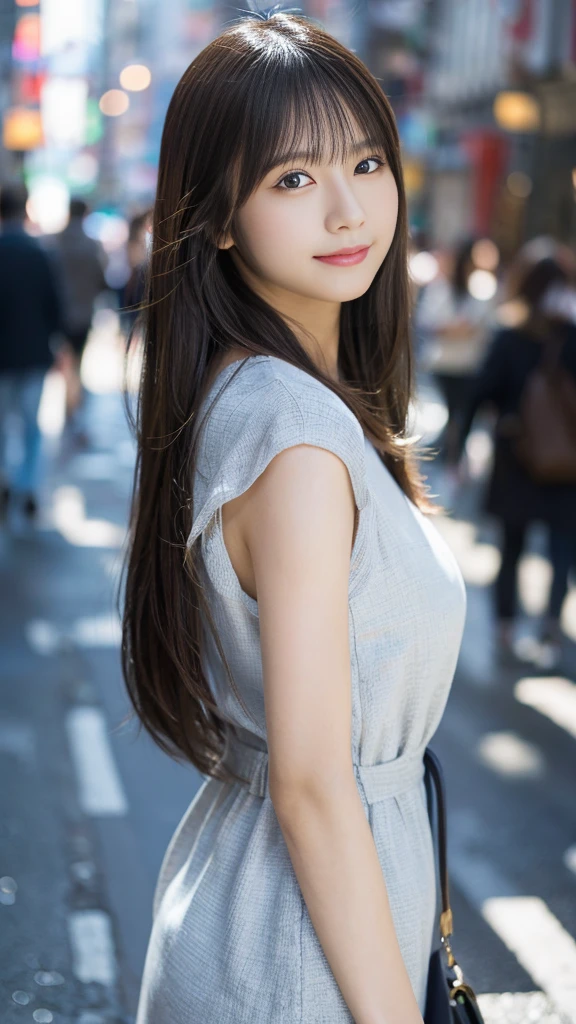 女の子1人、on tokyo street、A city scape、The upper part of the body、a closeup、A smile、、(8K、Raw photography、top-quality、masterpiece:1.2)、(realisitic、photoRealstic:1.37)、Highly detailed eyelash drawing、(((Top image quality))),Colossal 、Fine skin, (Beautiful hair), (Perfect Anatomy), (Realistic), (Dynamic Angle), Pose Seductive,Perfect,Sensual look、top-quality、hight resolution、