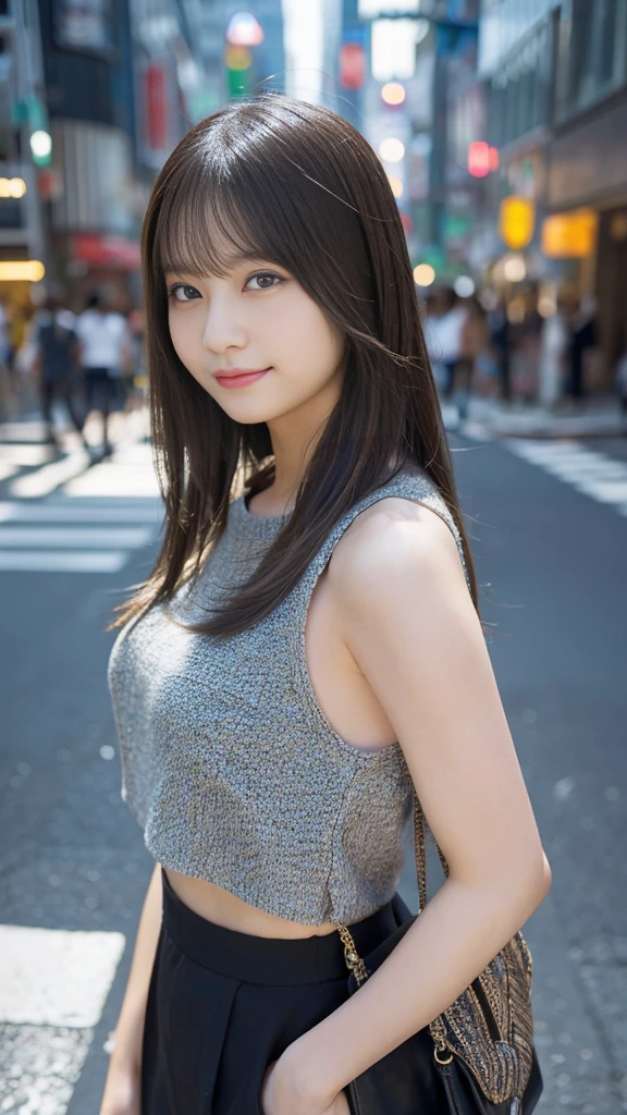 1人、on tokyo street、A city scape、The upper part of the body、a closeup、A smile、、(8K、Raw photography、top-quality、masterpiece:1.2)、(realisitic、photoRealstic:1.37)、Highly detailed eyelash drawing、(((Top image quality))),Colossal 、Fine skin, (Beautiful hair), (Perfect Anatomy), (Realistic), (Dynamic Angle), Pose Seductive,Perfect,Sensual look、top-quality、hight resolution、