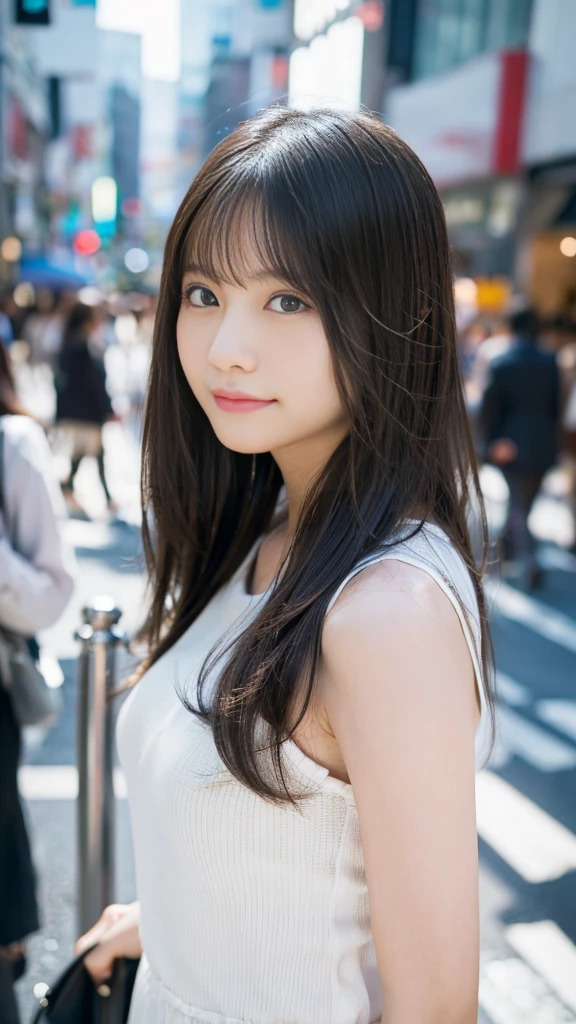 1人、on tokyo street、A city scape、The upper part of the body、a closeup、A smile、、(8K、Raw photography、top-quality、masterpiece:1.2)、(realisitic、photoRealstic:1.37)、Highly detailed eyelash drawing、(((Top image quality))),Colossal 、Fine skin, (Beautiful hair), (Perfect Anatomy), (Realistic), (Dynamic Angle), Pose Seductive,Perfect,Sensual look、top-quality、hight resolution、