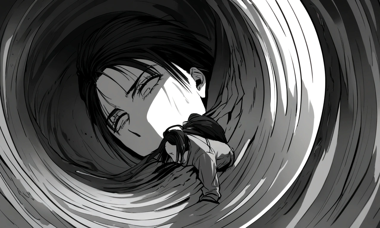 black and white drawing, The background of a clockwork device that looks like a giant woman collapsing., collapsing giant clockwork background, The clockwork shatters and falls apart., 26 year old male 1, black neat hair, wearing gray tracksuit, Slump