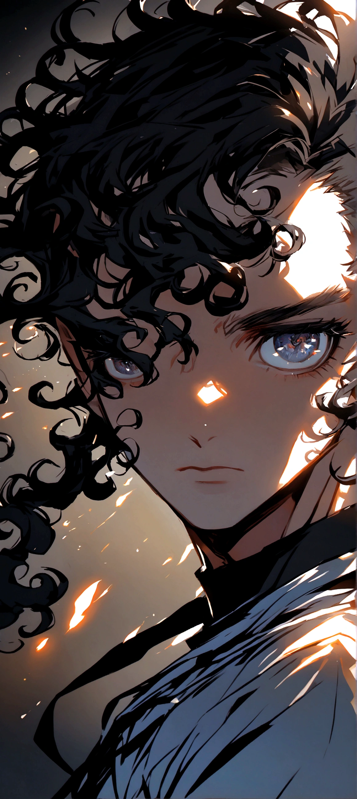 clear boy, side shaved hair, very curly hair, curly hair, eyes browns, Bblack hair