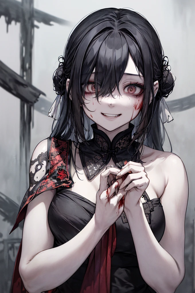 (masterpiece: 1. 2, Highest quality), (Actual photo, Intricate details), (1 female, Upper Body, With eyes wide open, Scary atmosphere, Distorted facial expressions, 邪悪なsmile, Bleeding from the eyes, Blood splatter, whole body, China dress, Twin-tailed bun、Black Hair, (Dark circles under the eyes), pale, Ill, Sickly, 邪悪なsmile, Crazy Eyes, ( smile), Dramatic makeup, Mixed Media Art, White Background