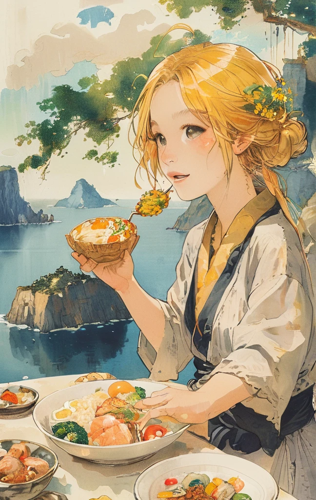 A young woman with golden hair and yellow eyes sits at the table, eating delicious food by the seaside in an anime style. The background features rocky cliffs overlooking the sea, boats floating on it, green plants, and sunlight shining through them onto her face. She is dressed in white and has a relaxed expression. On one side of her lies various dishes such as rice, vegetables, fish and meat, creating a warm atmosphere.