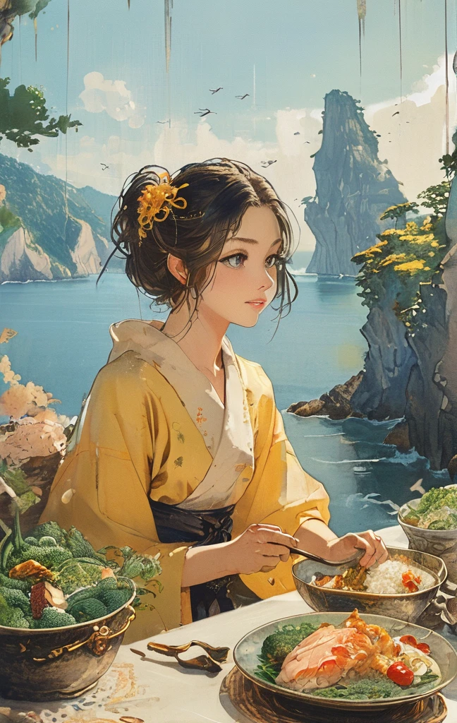 A young woman with golden hair and yellow eyes sits at the table, eating delicious food by the seaside in an anime style. The background features rocky cliffs overlooking the sea, boats floating on it, green plants, and sunlight shining through them onto her face. She is dressed in white and has a relaxed expression. On one side of her lies various dishes such as rice, vegetables, fish and meat, creating a warm atmosphere.