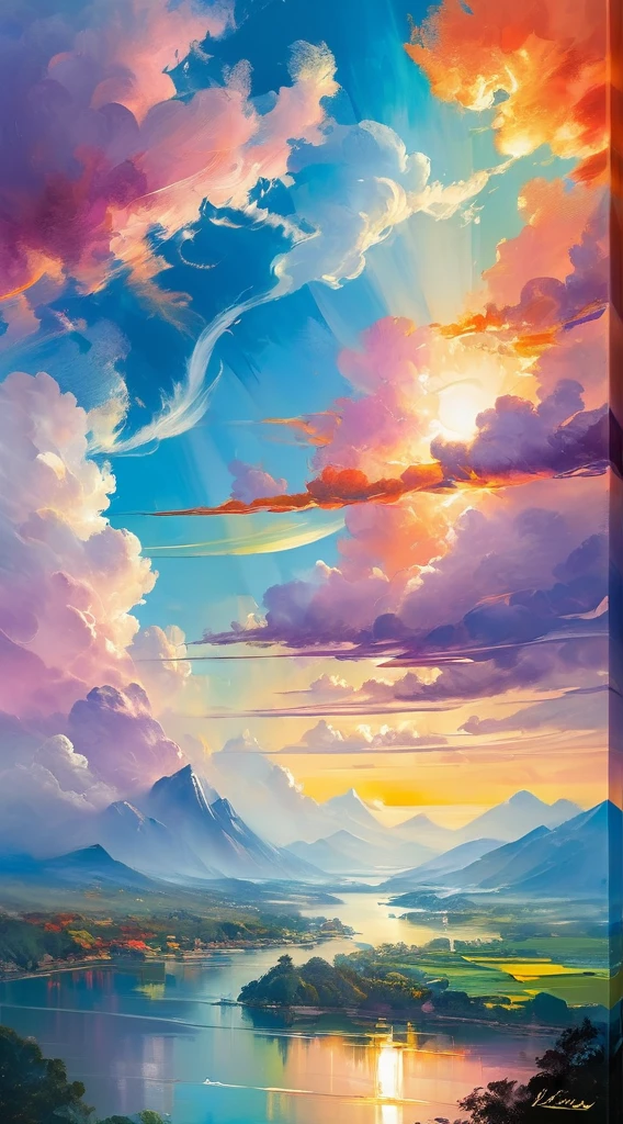 (((masterpiece))), ((ultra-detailed)), Abstract style landscape, smoke, in the sky, colorful and vibrant, mystical colors, contemporary impressionism, yanjun cheng portrait painting, iridescent perspective view ,low angle, sweeping circling composition, large beautiful crystal eyes, big irises, UHD, HDR, 8K, the most beautiful portrait in the world, Non-representational, colors and shapes, expression of feelings, imaginative