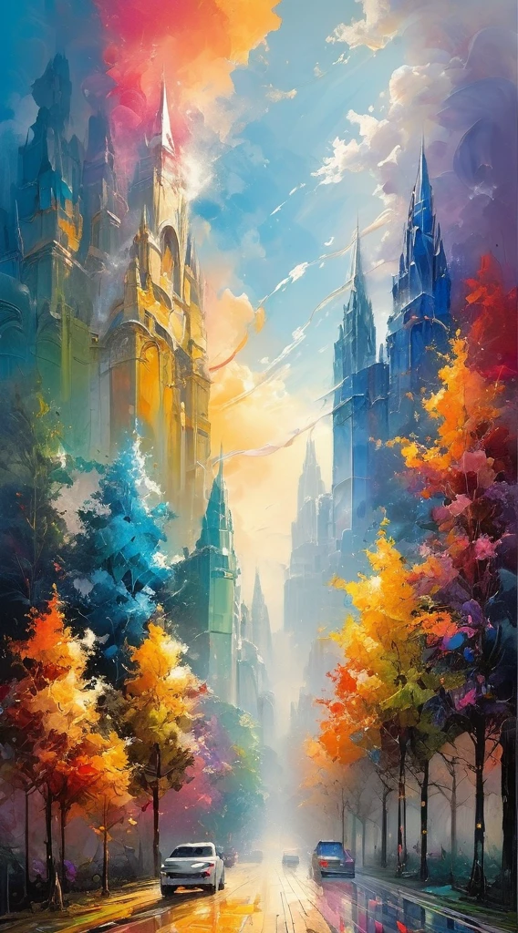 (((masterpiece))), ((ultra-detailed)), Abstract style landscape, smoke, in the sky, colorful and vibrant, mystical colors, contemporary impressionism, yanjun cheng portrait painting, iridescent perspective view ,low angle, sweeping circling composition, large beautiful crystal eyes, big irises, UHD, HDR, 8K, the most beautiful portrait in the world, Non-representational, colors and shapes, expression of feelings, imaginative