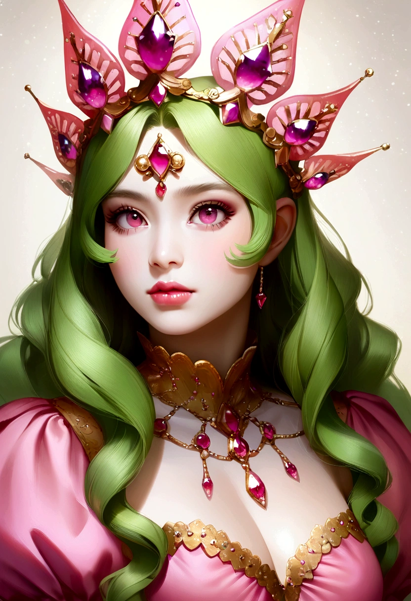 One girl, Sugar Queen, Pink Dress, anime「Urusei Yatsura」,Ram,Ghost Girl,Delicate eyes,lips with beautiful details,Realistic,Green long hair