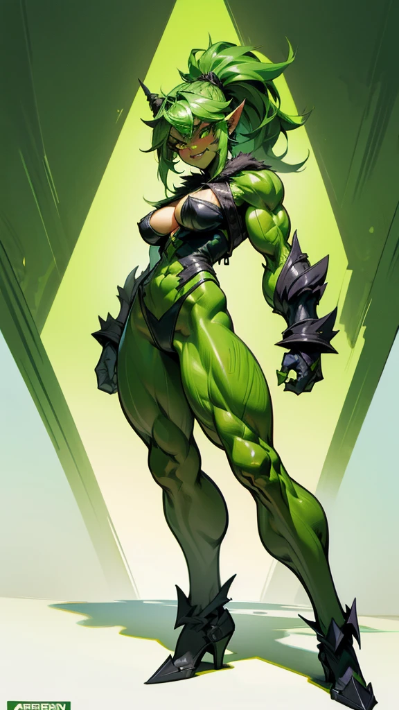 Green hair, Green skin, Pointed ears,，Fangs， female orc，muscle，muscle，Bare waist，animal skin top，cleavage，animal skin briefs，thigh，Standing，forest