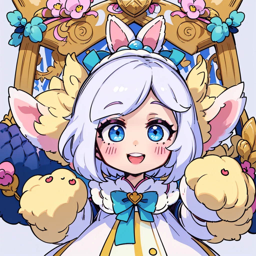 1girl,(((Little、cute、Highest quality、Masterpiece、Official Art、White background、The best composition、Super detailed)))、smile、Heartwarming、Soft and fluffy、pastel colour、whole body、smile、Standing with a stuffed rabbit、ふわふわなLittle、