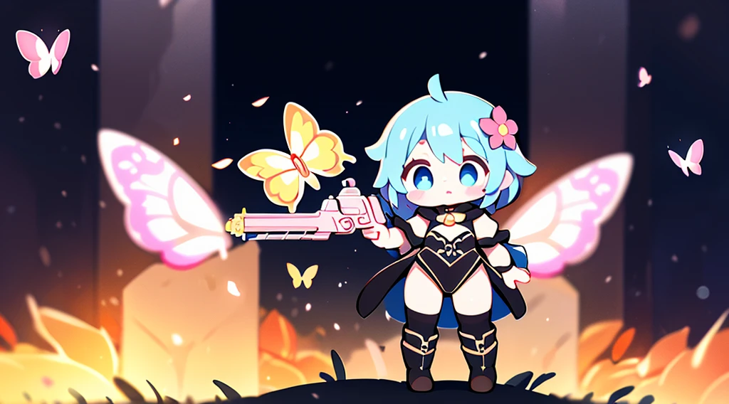 octane render、(Hyper-detailing: 1.15)、cinematic lightening、Cute Fantasy Princess、Handgun Shooting Practice、Fine Pattern Pistol、Knee-high boots、super fine eyes、Full Paint、(Floral hair ornament、Butterfly Hair Ornament)、Mastepiece、Anatomically correct、Blur、Depth of written boundary