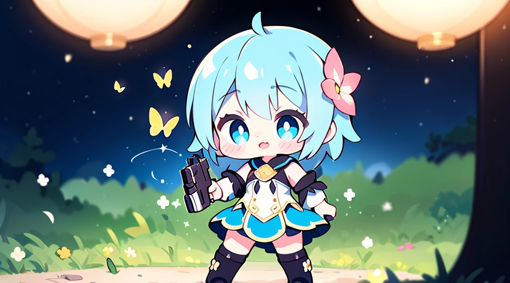 octane render、(Hyper-detailing: 1.15)、cinematic lightening、Cute Fantasy Princess、Handgun Shooting Practice、Fine Pattern Pistol、Knee-high boots、super fine eyes、Full Paint、(Floral hair ornament、Butterfly Hair Ornament)、Mastepiece、Anatomically correct、Blur、Depth of written boundary