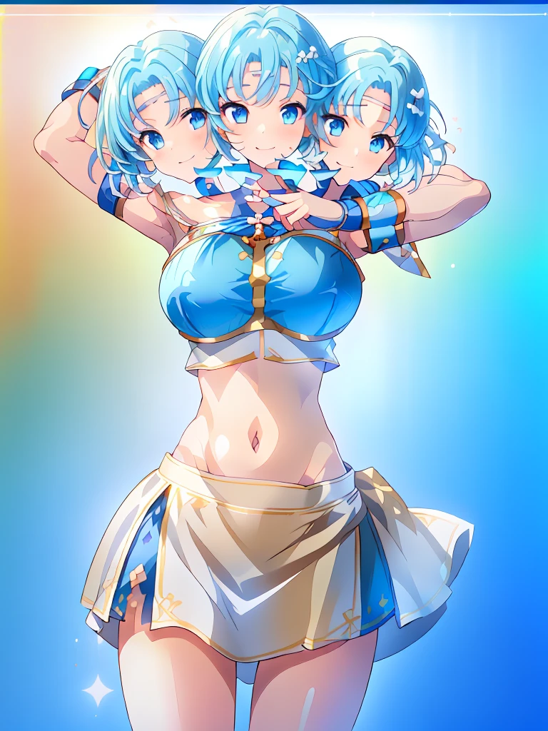 (masterpiece, best quality), best resolution, (3heads:1.5), 1girl, light blue hair, fingerless gloves, smiling, soft smile, open belly, white-blue crop top, blue-white miniskirt, open breasts, huge tits, sexy pose, hair length until shoulders, headband,
