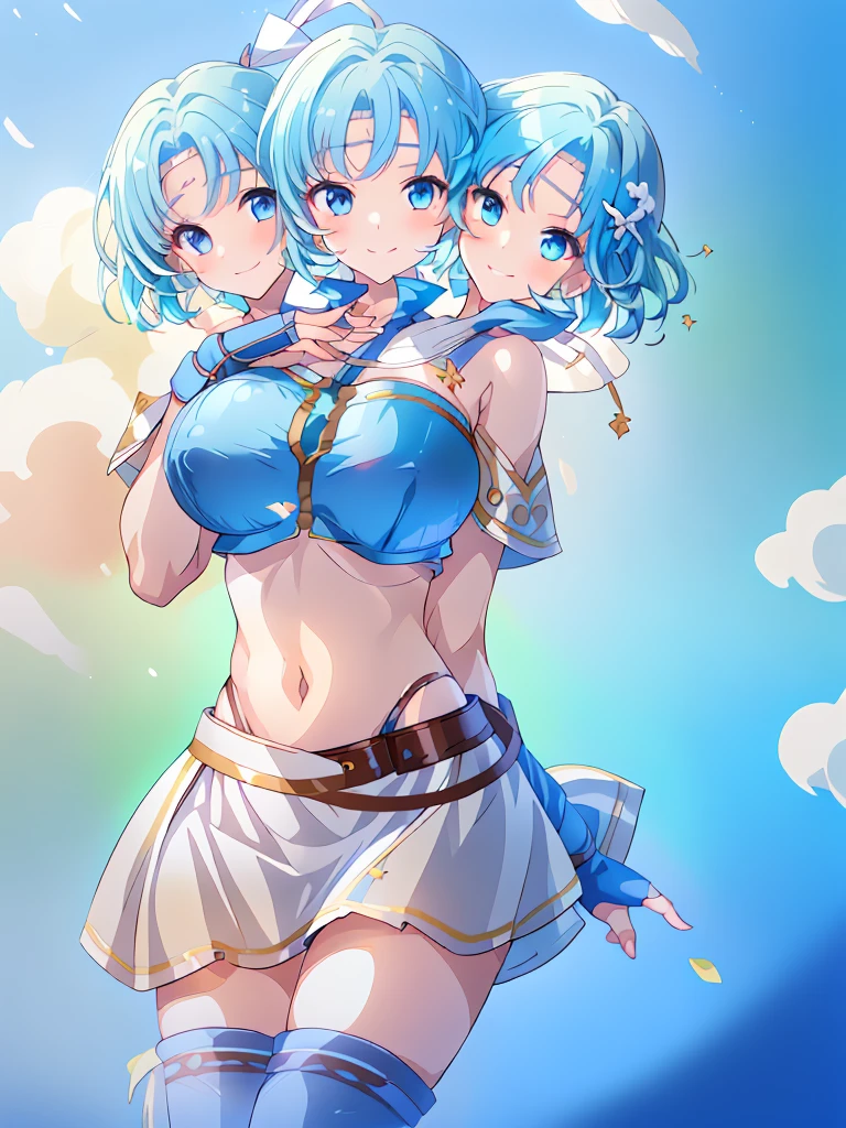 (masterpiece, best quality), best resolution, (3heads:1.5), 1girl, light blue hair, fingerless gloves, smiling, soft smile, open belly, white-blue crop top, blue-white miniskirt, open breasts, huge tits, sexy pose, hair length until shoulders, headband,
