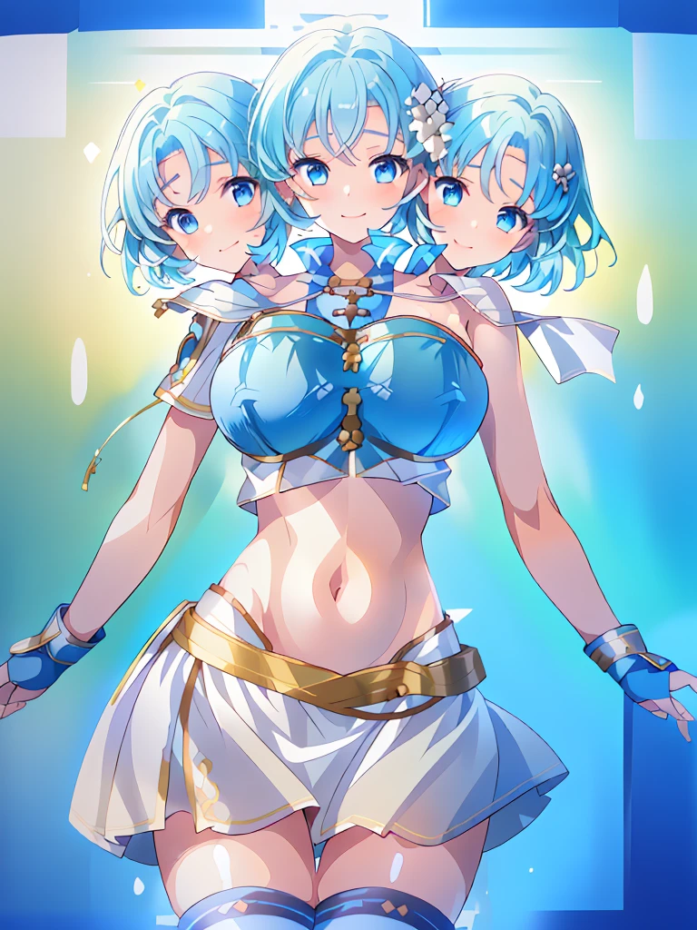 (masterpiece, best quality), best resolution, (3heads:1.5), 1girl, light blue hair, fingerless gloves, smiling, soft smile, open belly, white-blue crop top, blue-white miniskirt, open breasts, huge tits, sexy pose, hair length until shoulders, headband,