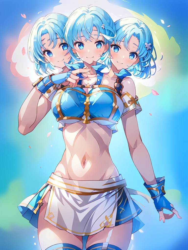 (masterpiece, best quality), best resolution, (3heads:1.5), 1girl, light blue hair, fingerless gloves, smiling, soft smile, open belly, white-blue crop top, blue-white miniskirt, open breasts, huge tits, sexy pose, hair length until shoulders, headband,
