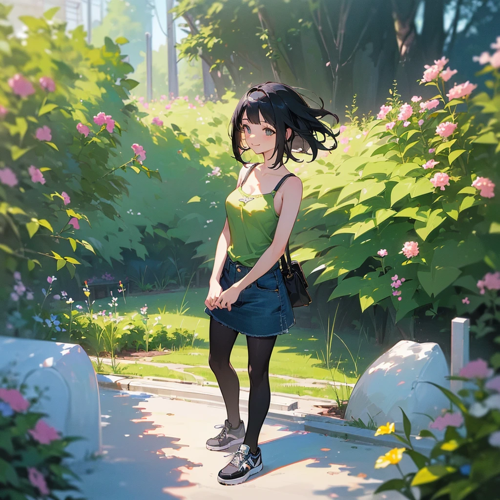 (high quality, High resolution, Very detailed, reality:1.37), Peaceful atmosphere, (Outdoor, garden), Teenage girl standing alone, (my breasts are big.), Beautiful details, Cute Smile, (Black bob hair), camisole, Denim skirt, Black tights, sneakers.