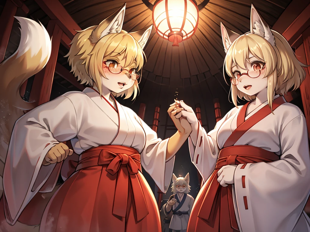 Japanese horror movie style , Japanese shrine maiden outfit fox , short blonde hair, freckles, (thick lips), plump, glasses , Suspicion eyes , gohei , Japanese monster fight scene , with yokai