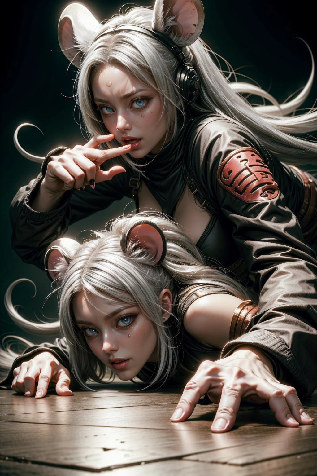 Sexy ninja girl crawling across the floor, with mouse ears silvery white hair, with a katana, and jutsu hand sign