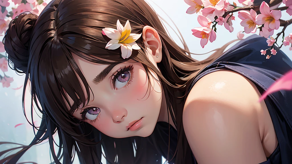 32k, Masterpiece, Highest quality, One girl, Brown Hair, Detailed eyes, flower,Freesia, Pink and navy style,A dreamy, romantic piece,Pale yellow, Mysterious Leaves,A playful arrangement,Fantasy,High Contrast,Ink strokes,explosion,Exposure, Impression of pink and navy tones,Abstract, Brush strokes,Negative Space, Tyndall effect,