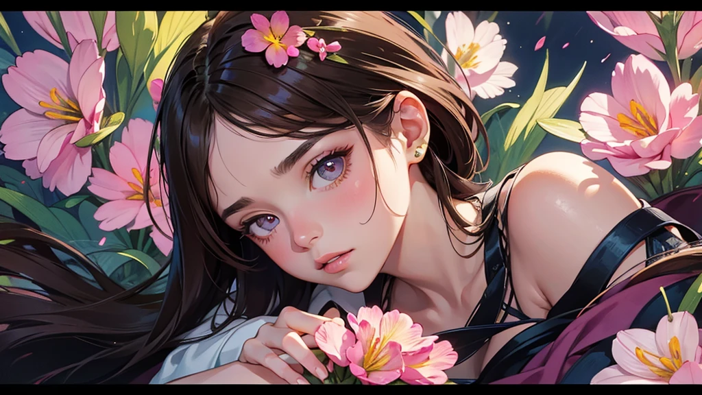 32k, Masterpiece, Highest quality, One girl, Brown Hair, Detailed eyes, flower,Freesia, Pink and navy style,A dreamy, romantic piece,Pale yellow, Mysterious Leaves,A playful arrangement,Fantasy,High Contrast,Ink strokes,explosion,Exposure, Impression of pink and navy tones,Abstract, Brush strokes,Negative Space, Tyndall effect,