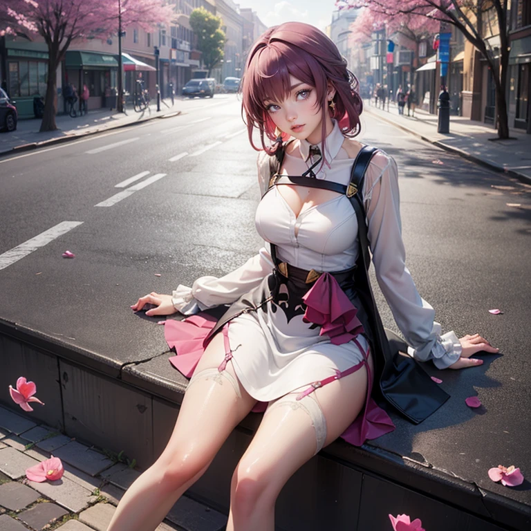 Kafka_(honkai: star rail), medium hair, flowing hair, floating hair, ornament hair, perfectly body, perfectly hands, dark pink rose on hair, maid, maid dress, maid headdress, maid apron, white apron, white apron, white headdress, on street, full body, laces, magenta garter on her legs, petals in the air, blossom peach tree, centered girl, Chinese style, white maid dress, white dress, more details on her clothes, dark pink dress with transparency, golden details, daylight, smiling, ((4k, masterpiece, top-quality)),8k, best quality, high resolution, HD, (illustration:0.8), super cute girl, delicate and beautiful face, 1girl, solo, mature girl, super cute hairstyle, (beautiful detailed eyes:1.6), extremely detailed face, perfect lighting, extremely detailed CG, (perfect hands, perfect ), Best quality, cleavage, small skirt, full Body,