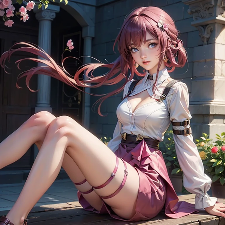 Kafka_(honkai: star rail), medium hair, flowing hair, floating hair, ornament hair, perfectly body, perfectly hands, dark pink rose on hair, maid, maid dress, maid headdress, maid apron, white apron, white apron, white headdress, on street, full body, laces, magenta garter on her legs, petals in the air, blossom peach tree, centered girl, Chinese style, white maid dress, white dress, more details on her clothes, dark pink dress with transparency, golden details, daylight, smiling, ((4k, masterpiece, top-quality)),8k, best quality, high resolution, HD, (illustration:0.8), super cute girl, delicate and beautiful face, 1girl, solo, mature girl, super cute hairstyle, (beautiful detailed eyes:1.6), extremely detailed face, perfect lighting, extremely detailed CG, (perfect hands, perfect anatomy), Best quality, cleavage, small skirt, full Body,