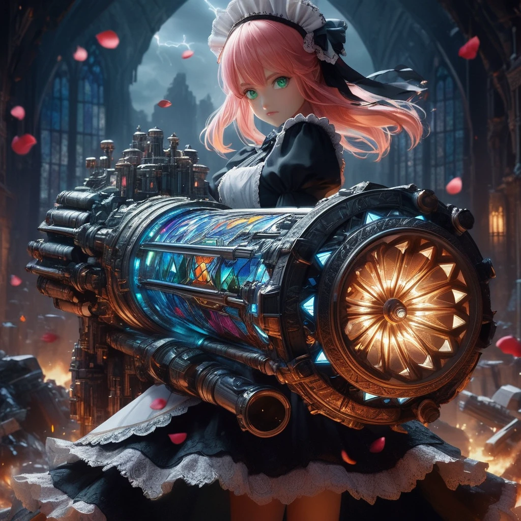 High-resolution rendering、Pink-haired, green-eyed black maid with a giant volt cannon、A gigantic Volt Cannon that is significantly larger than her head.、Detailed Vault Cannon、Blue and orange volt cannon。The Vault Cannon is engraved with intricate geometric stained glass patterns.、Shooting lightning。She points the Volt Cannon at the viewer.。Full Body Shot。In the background, it is pitch black with ruins.、The falling rose petals create a fantastic atmosphere.。An anime with delicate lines drawn using soft brushstrokes like watercolorultiple cels are layered to create the texture of ink.。Quality depicted through pinpoint detail。Full Body Shot