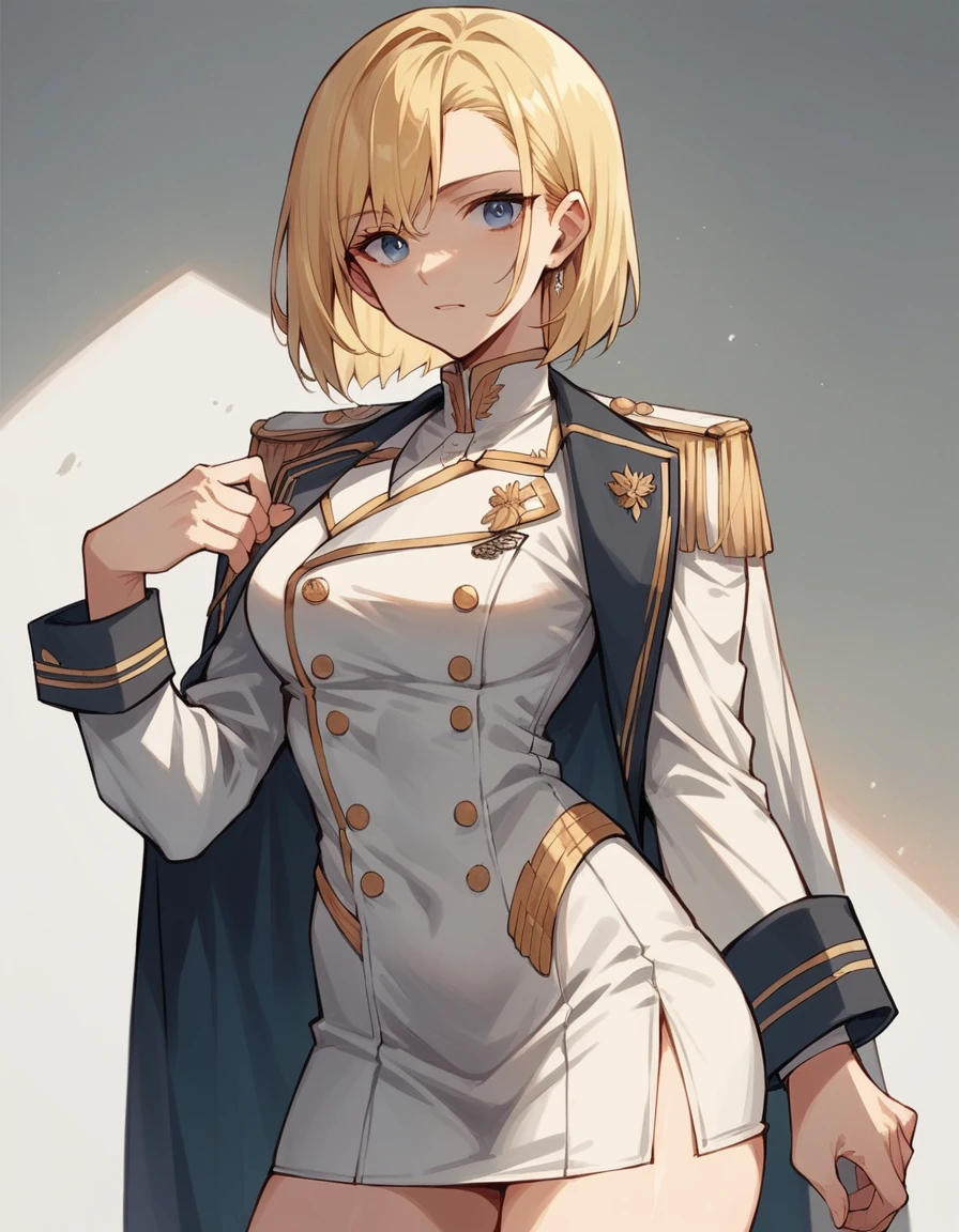 commander anime girl, white commander clothes, short white skirt, 18 years old, blonde hair, blue eyes, speaking in front of a podium