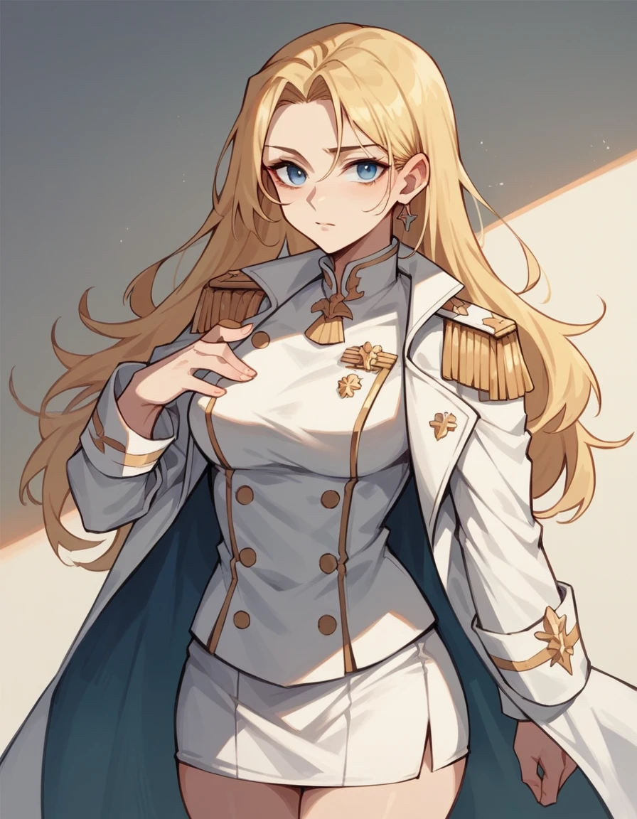commander anime girl, white commander clothes, short white skirt, 18 years old, blonde hair, blue eyes, speaking in front of a podium