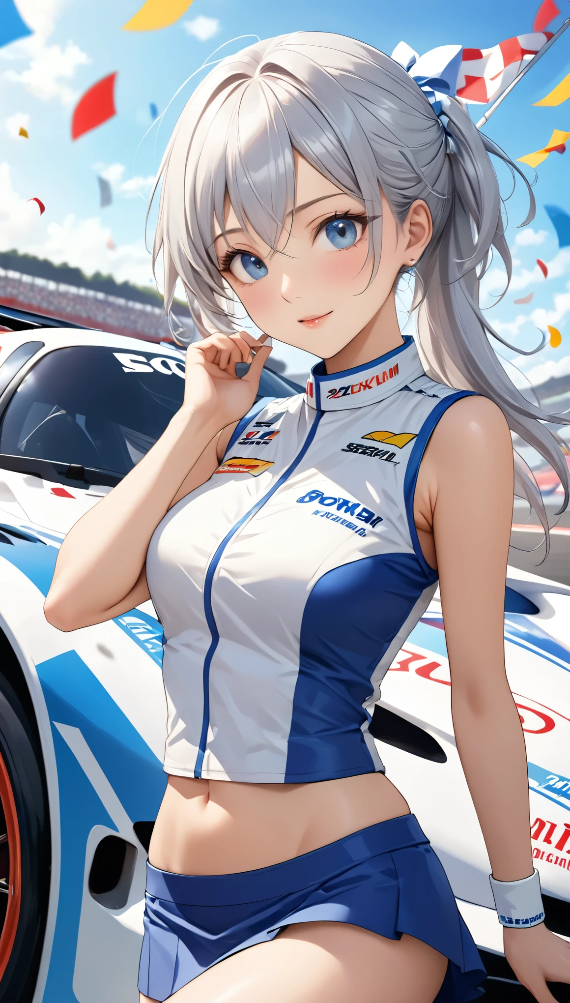 Highest quality, Super quality, 16K, Incredibly absurd, Very detailed, 2.5D, delicate and dynamic, blue sky, Confetti, Racing Car, Flag, Small face, Extremely delicate facial expression, Delicate eye depiction, Extremely detailed hair, Upper body close-up, sole sexy lady, healthy shaped body, 22 years old lady, Race Queen, 170cm tall, big firm bouncing busts, white silver long hair, sexy long legs, 派手なRace Queenのコスチューム, blue tight skirt, white leather long boots, Formula 1, Auto Racing Track